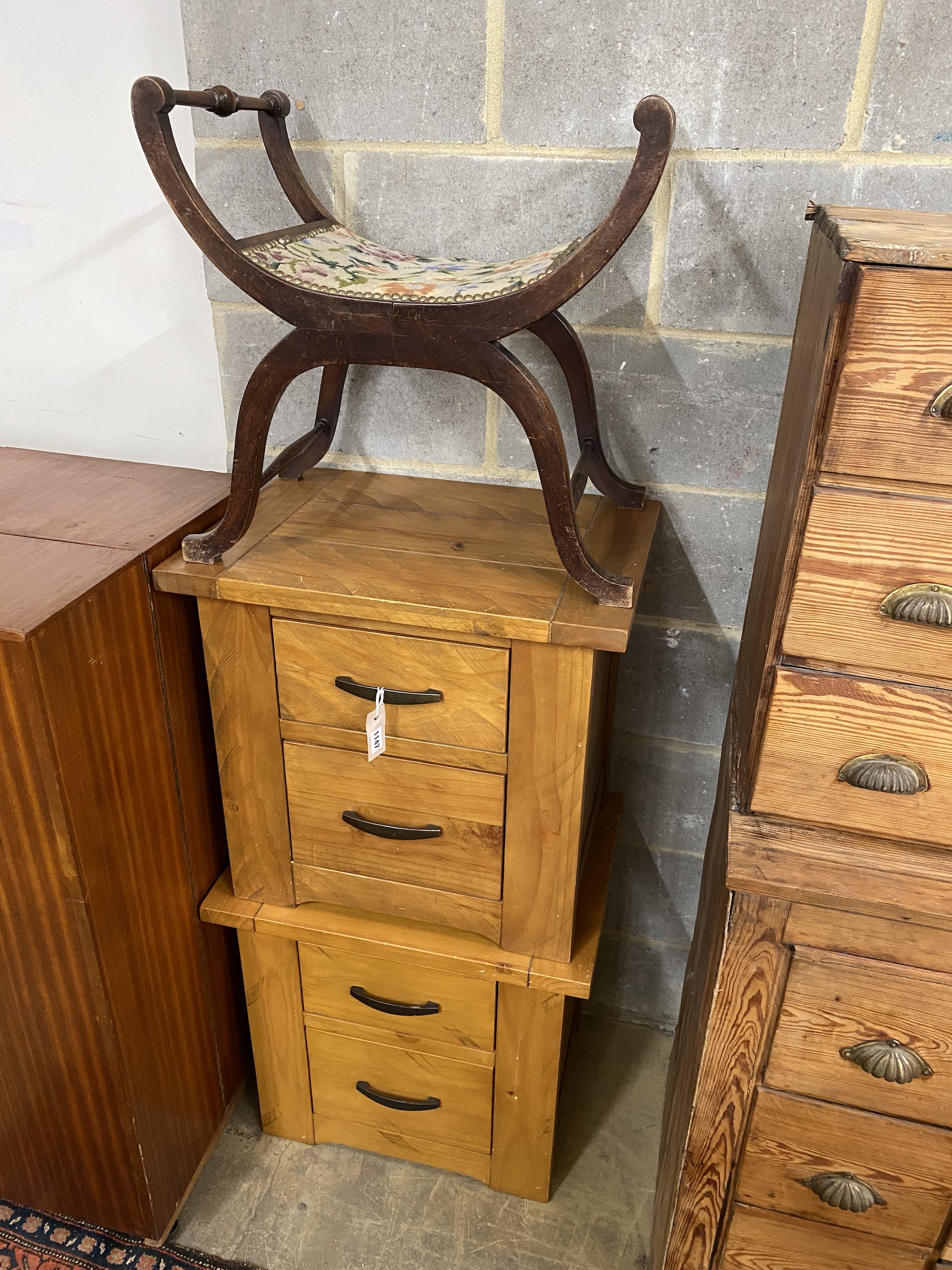 A pair of modern pine two drawer bedside chests, width 60cm, depth 44cm, height 56cm together with a mahogany X frame dressing stool